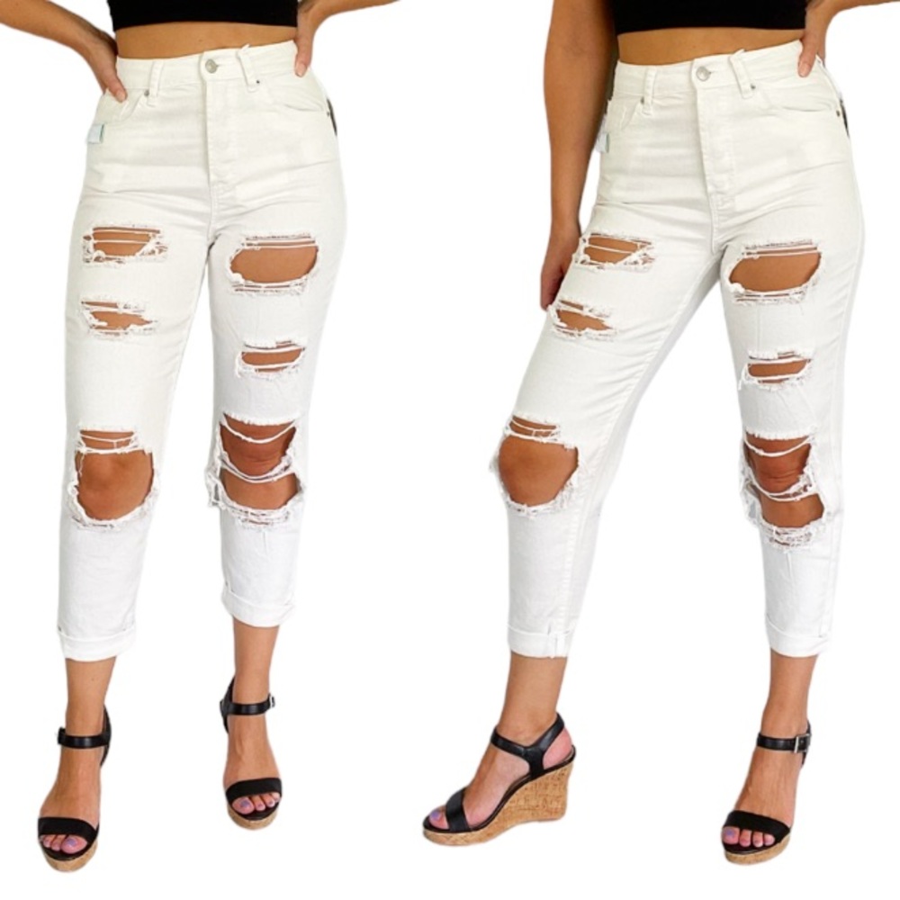 SONG white distressed ripped high rise classic mom fit jeans size 1/25
